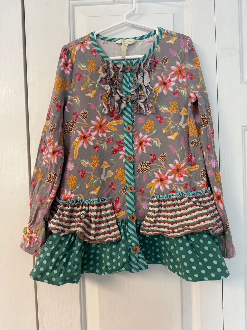 Matilda Jane Gray Floral Ruffle Button-Front Top with Teal Polka-Dot Trim